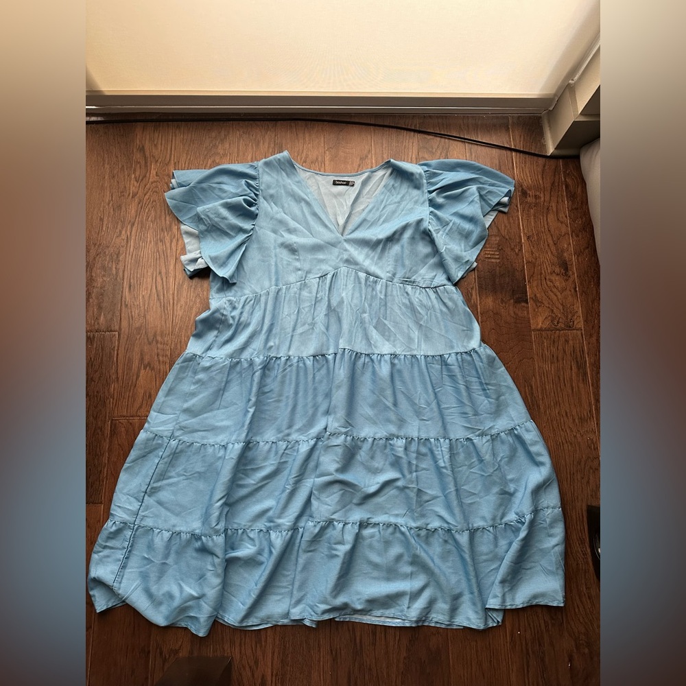 Boohoo Blue Ruffled Smocked Sundress
